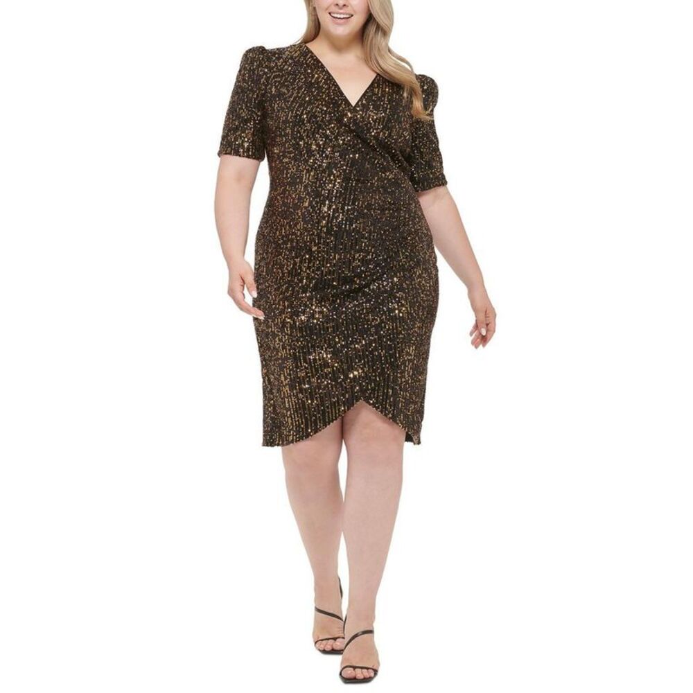Calvin Klein Womens Black Faux Wrap Midi Cocktail and Party Dress Plus NWT